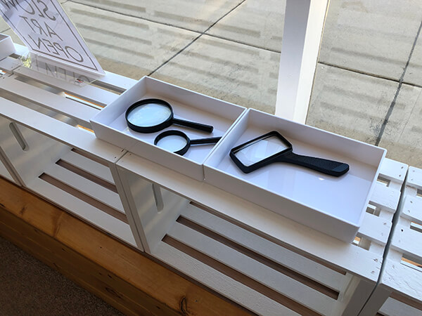 Various styles of magnifying glasses in white trays on display inside the window